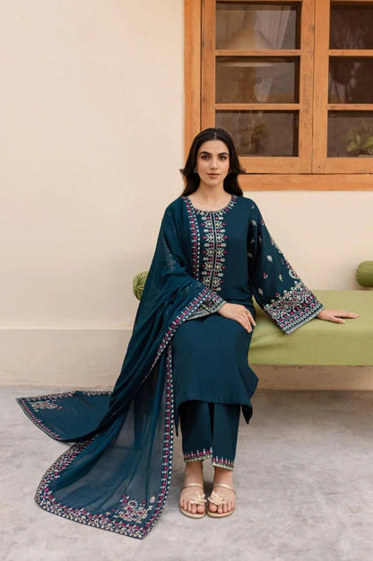 3pc unstitched dhanak  dress with dhanak embroiered shawl 2617