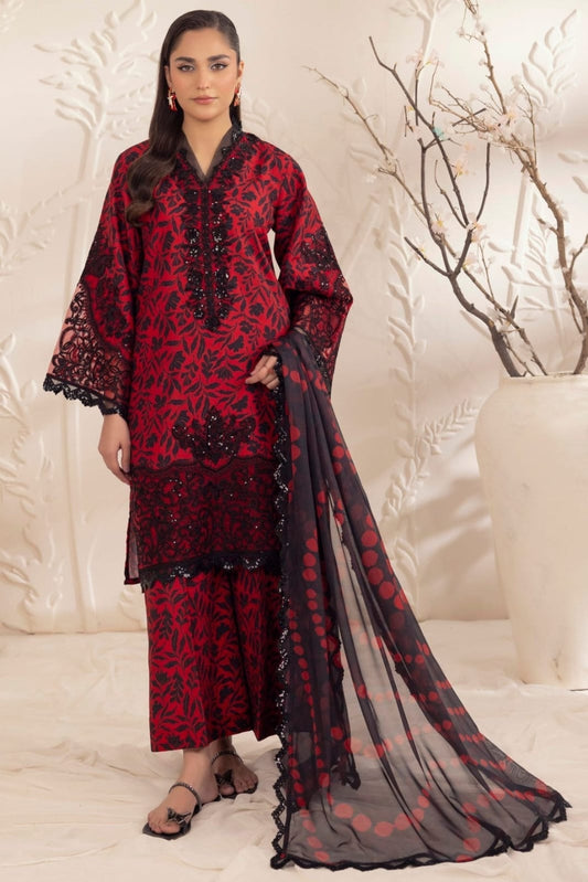 3pc unstitched linen dress with linen dupatta JN-2607
