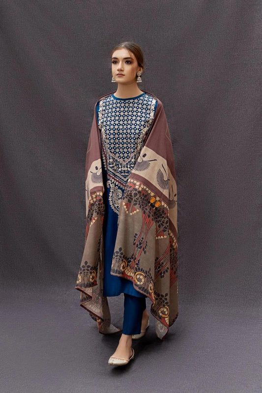 3pc unstitched dhanak  dress with printed wool shawl 2638