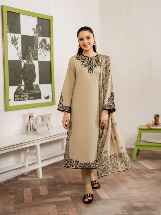 3pc unstitched dhanak  dress with printed wool shawl 2632