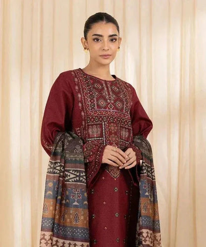 3pc unstitched dhanak  dress with printed wool shawl 2639